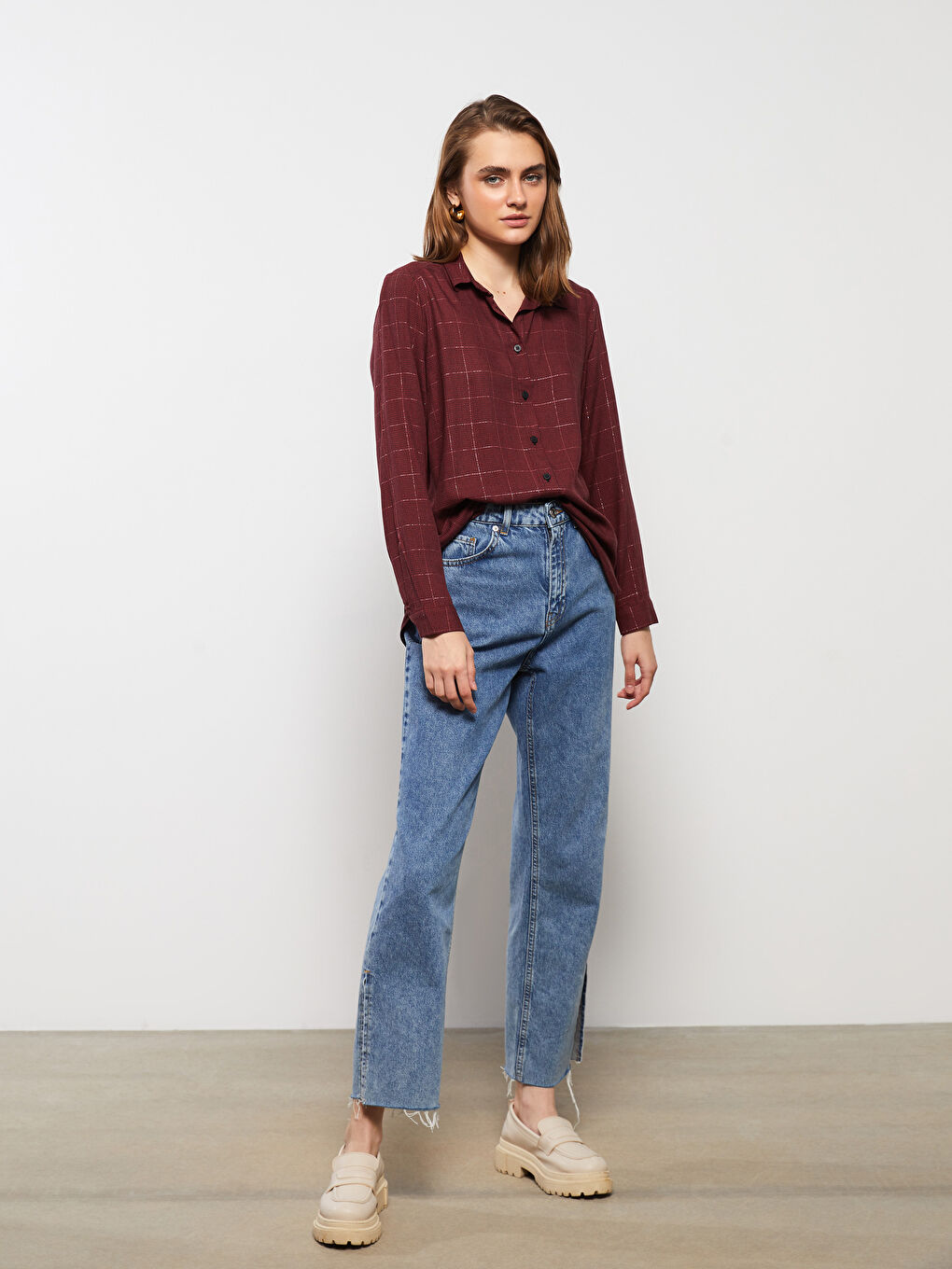 Kırmızı Ekose Uzun Kollu Flanel Kadın Oduncu Gömlek-2