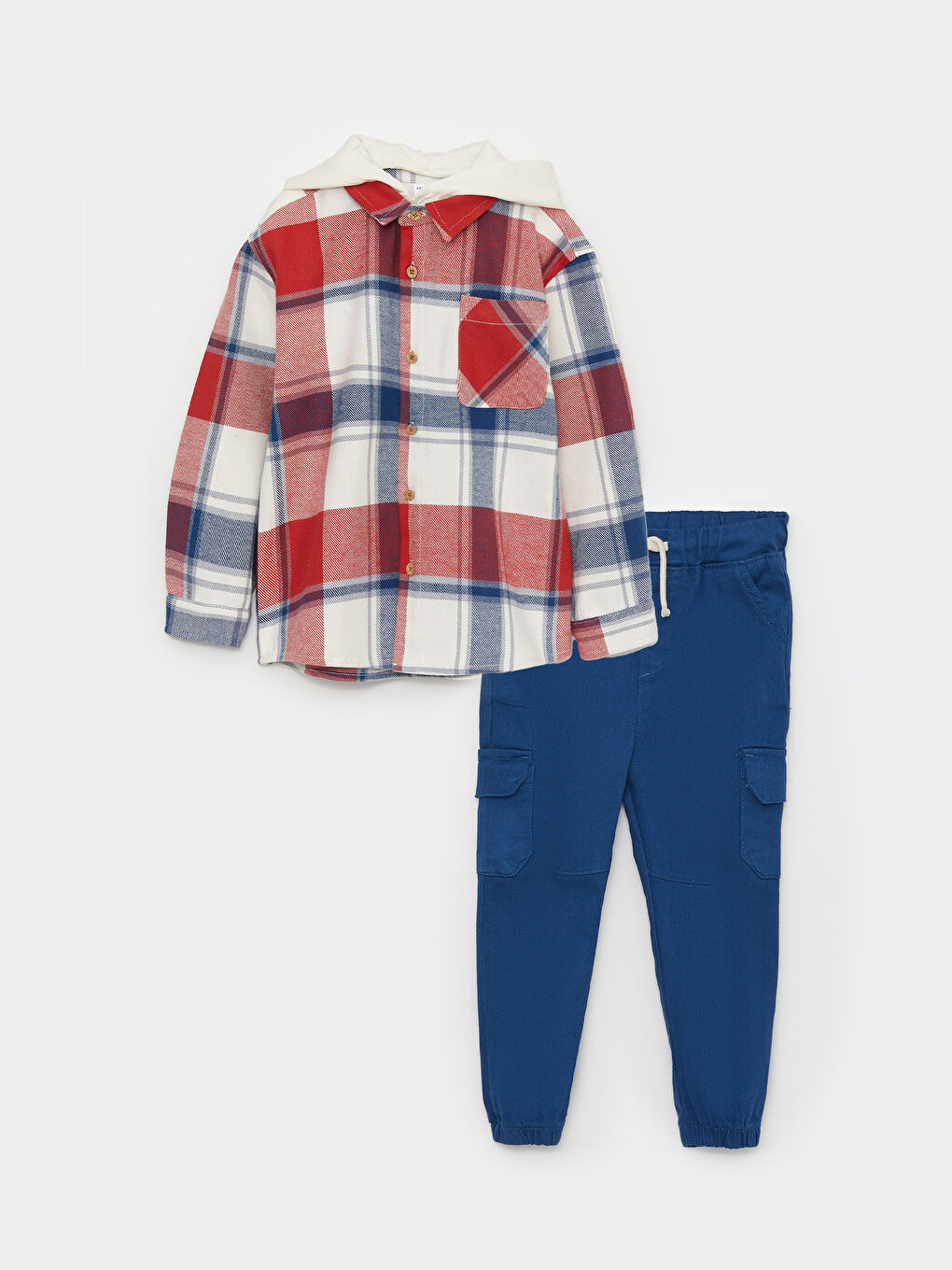 Lacivert Kapüşonlu Uzun Kollu Ekose Desenli Erkek Bebek Gömlek ve Pantolon 2'li Takım