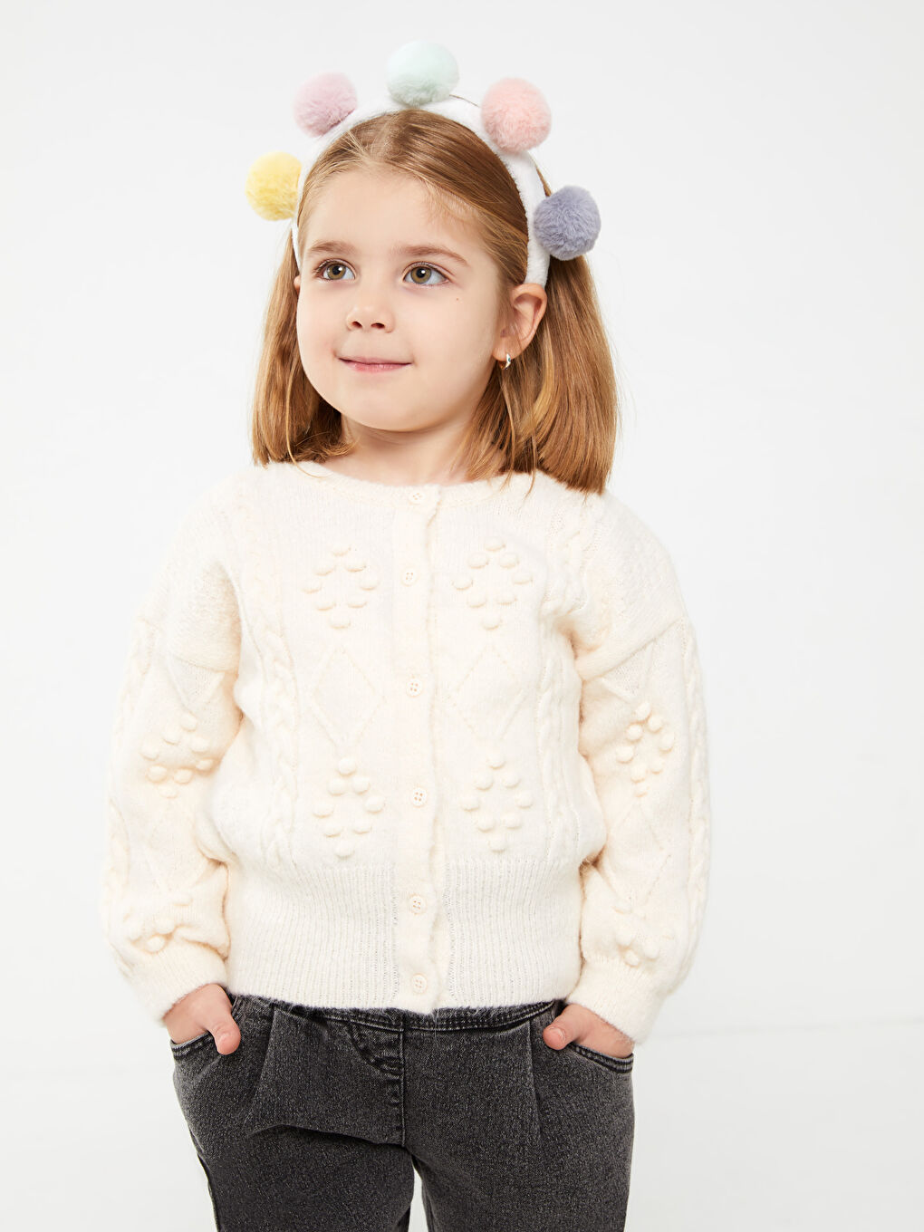 Ekru Bisiklet Yaka Uzun Kollu Kız Bebek Triko Hırka