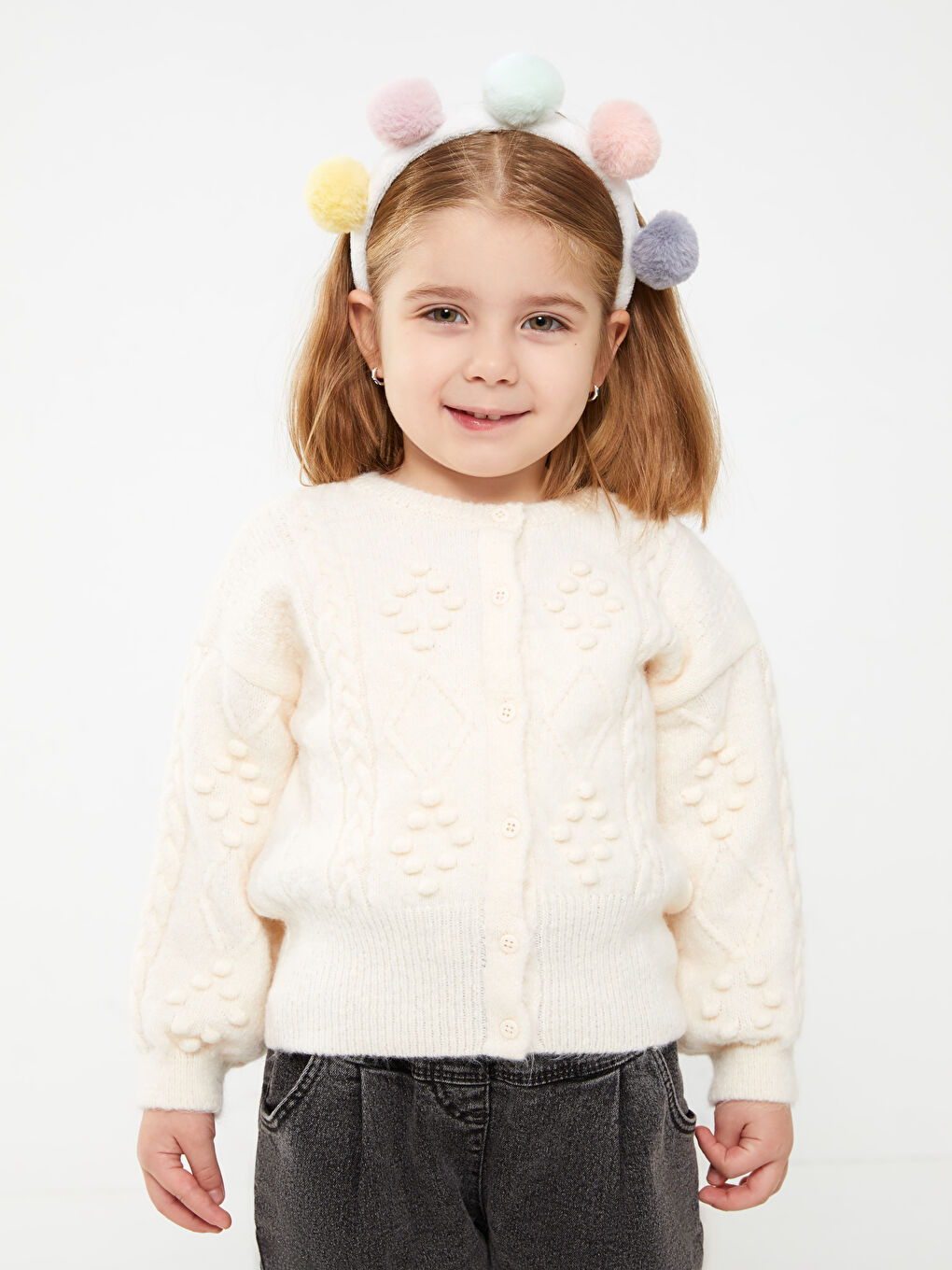 Ekru Bisiklet Yaka Uzun Kollu Kız Bebek Triko Hırka-1