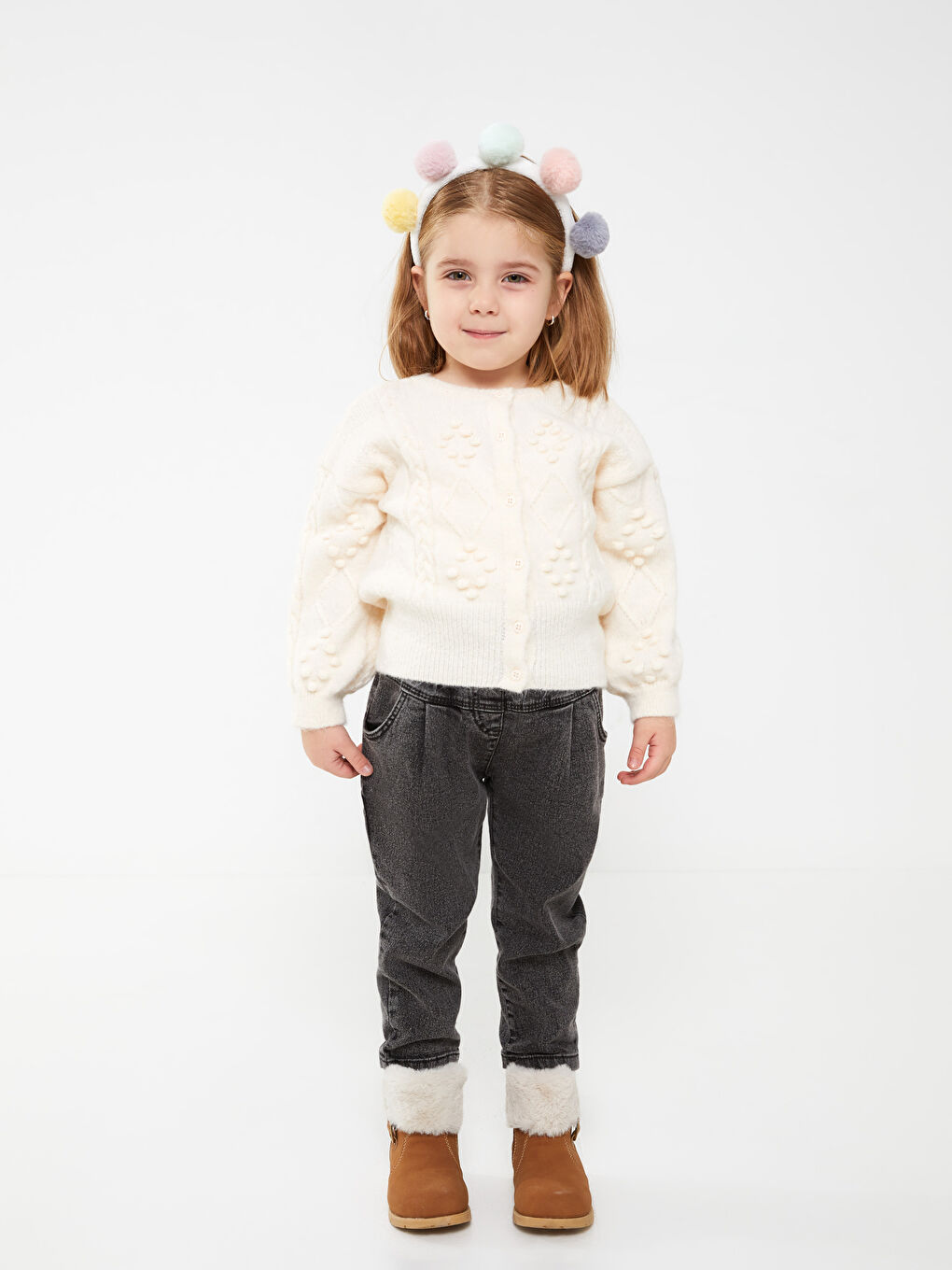 Ekru Bisiklet Yaka Uzun Kollu Kız Bebek Triko Hırka-2