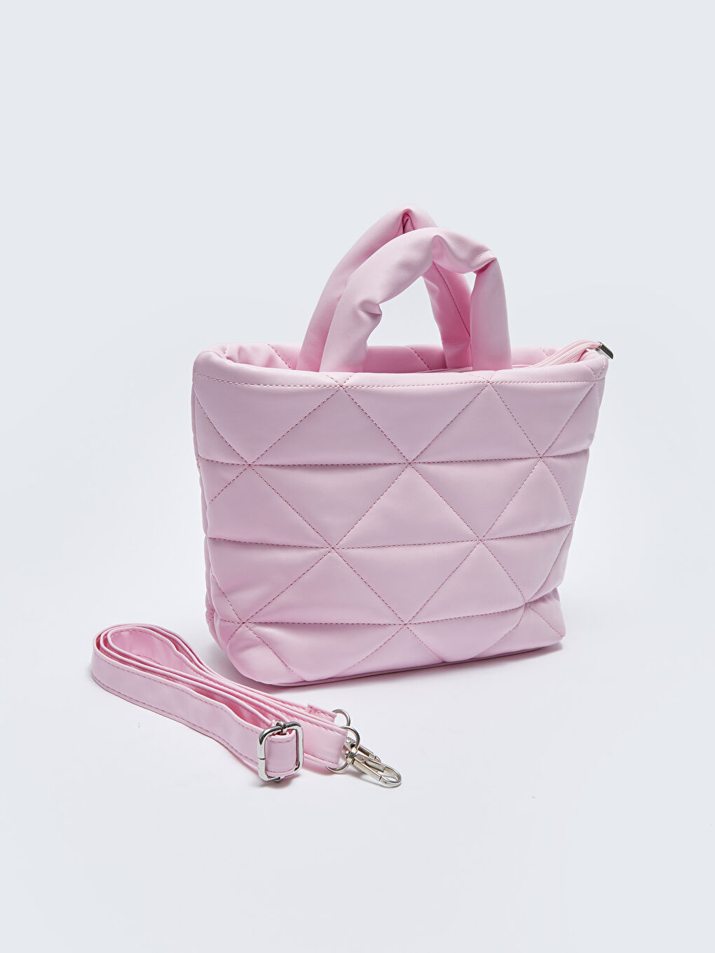 Pembe Deri Görünümlü Kapitoneli Kadın Çapraz Çanta-2