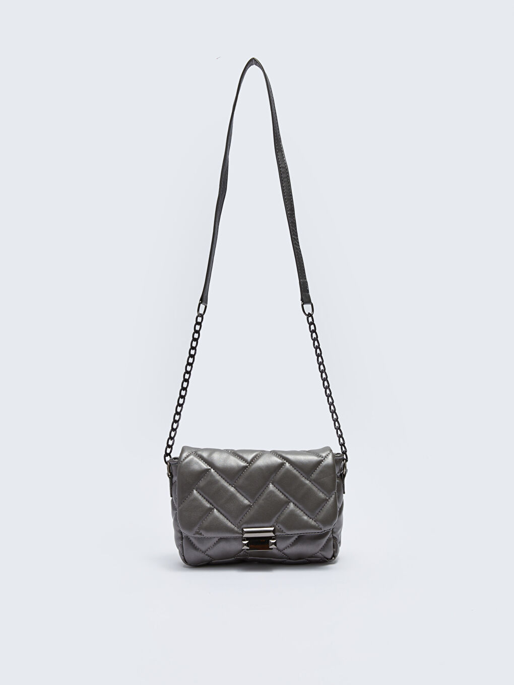 Gri Deri Görünümlü Kapitoneli Kadın Çapraz Çanta-2