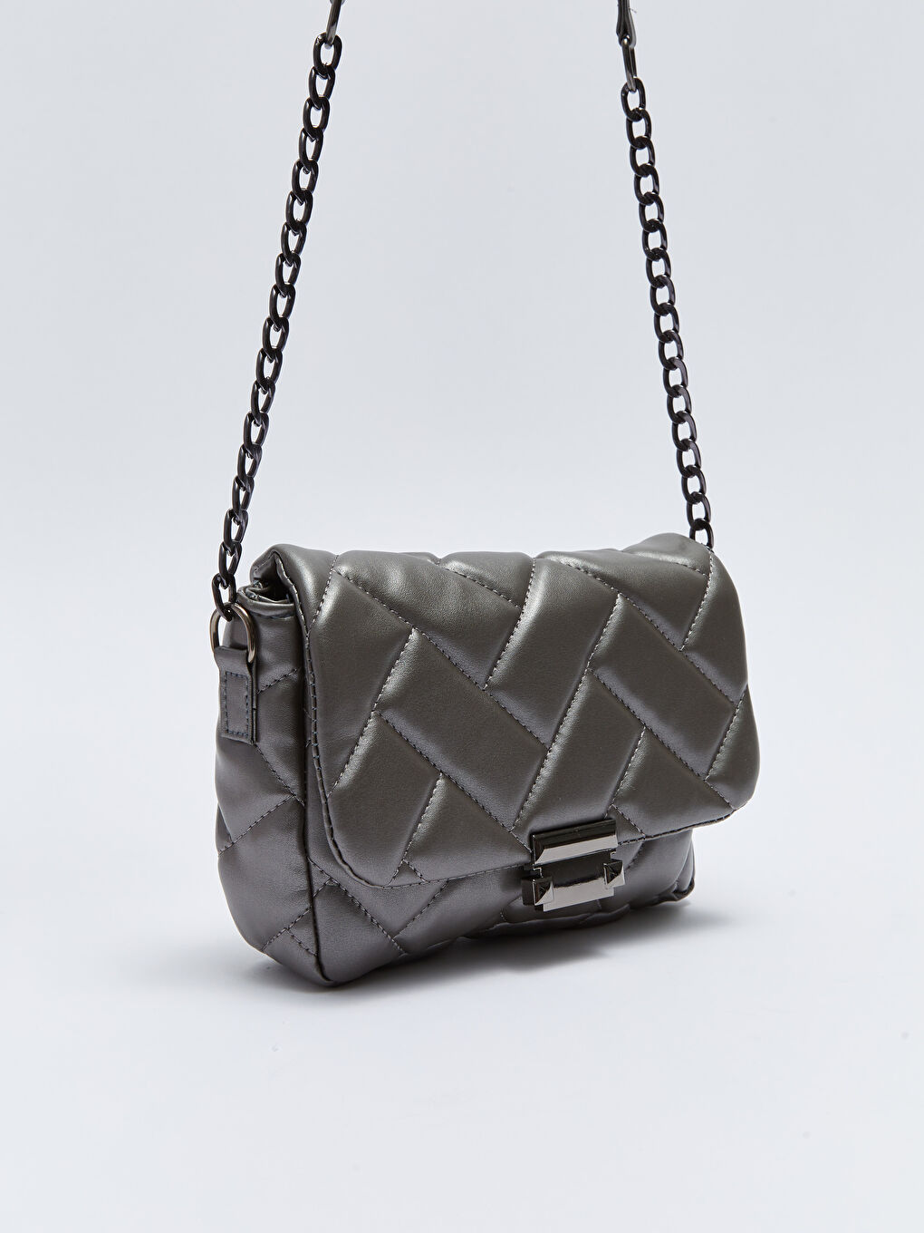 Gri Deri Görünümlü Kapitoneli Kadın Çapraz Çanta-3