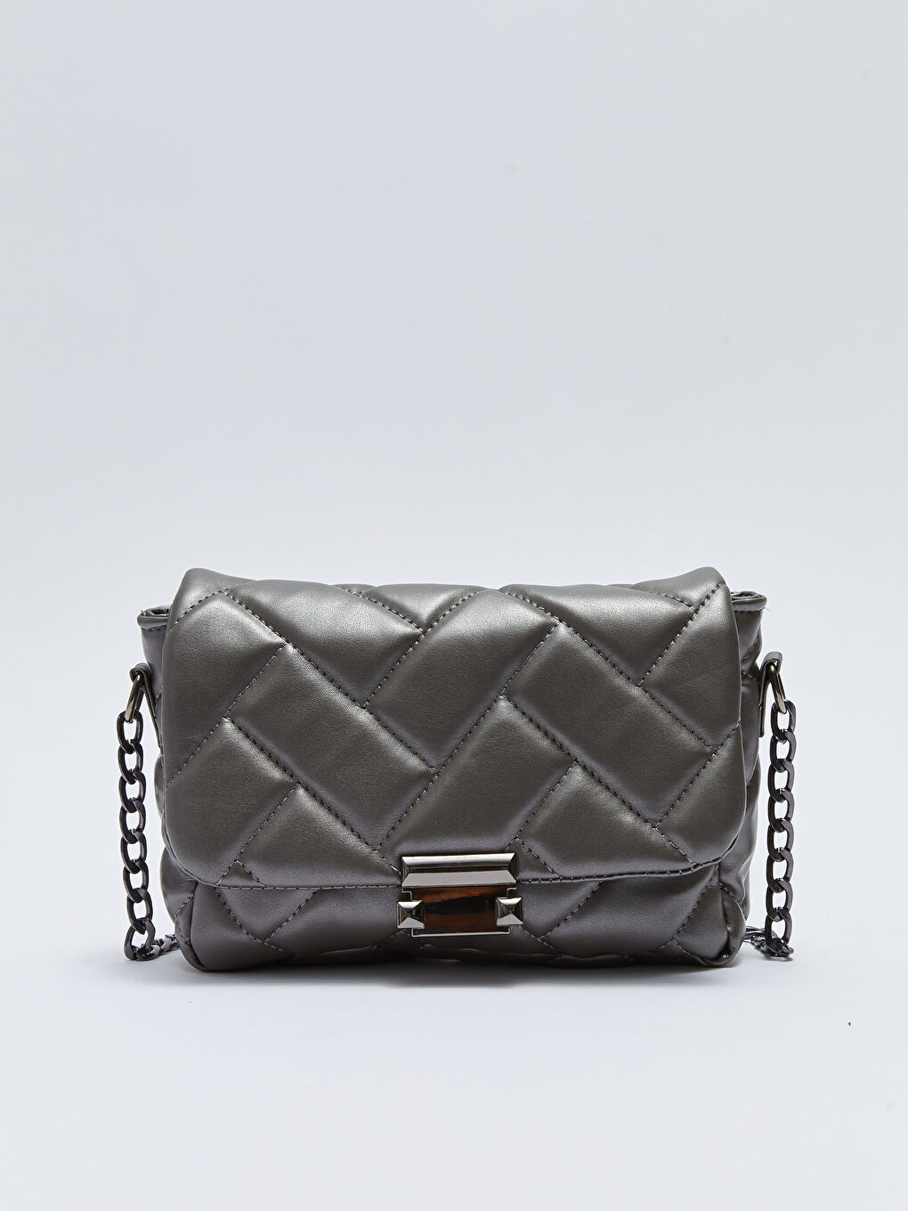 Gri Deri Görünümlü Kapitoneli Kadın Çapraz Çanta-4