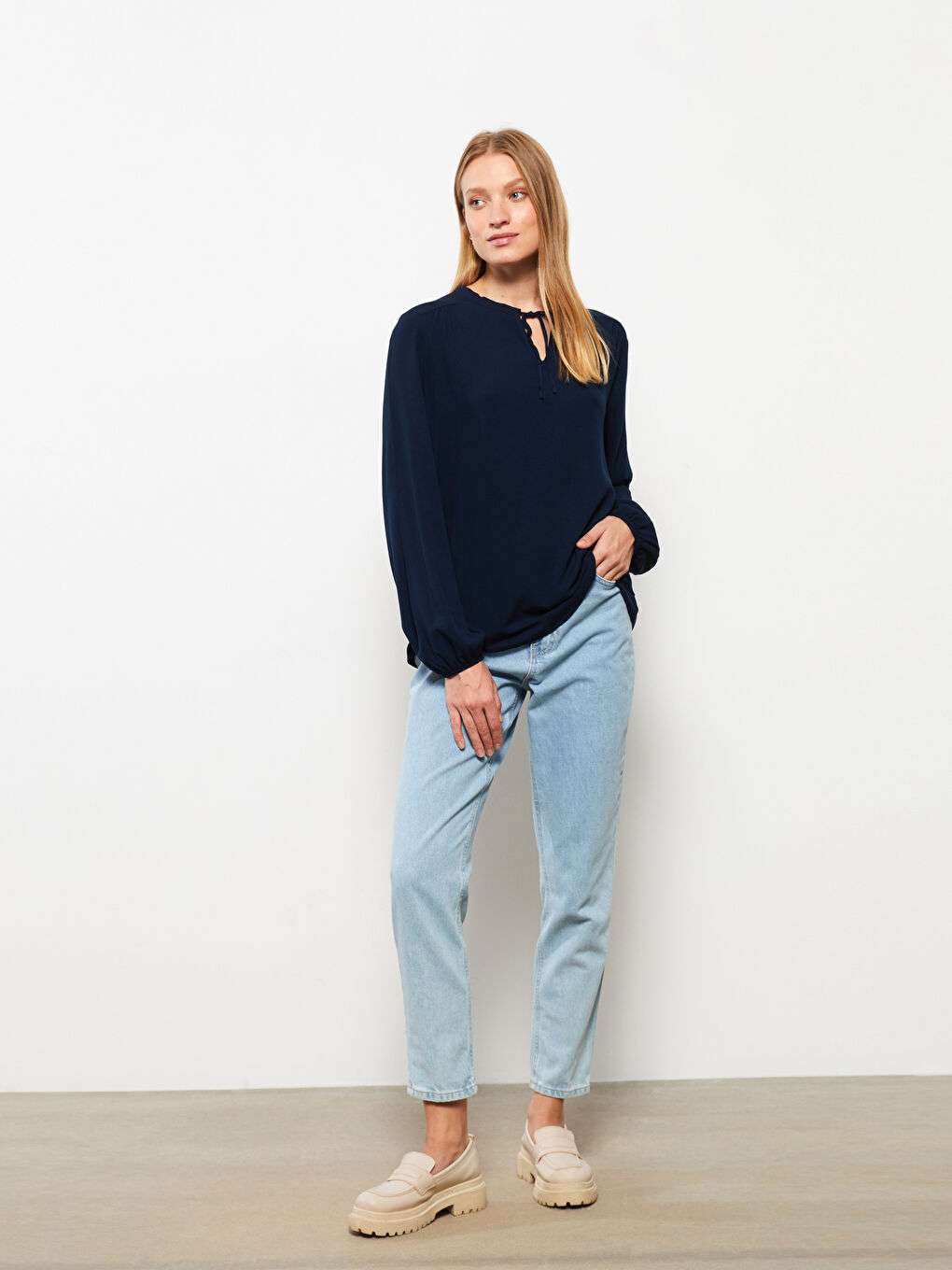 Tie Neck Regular Long Sleeve Viscose Women's Blouse-1