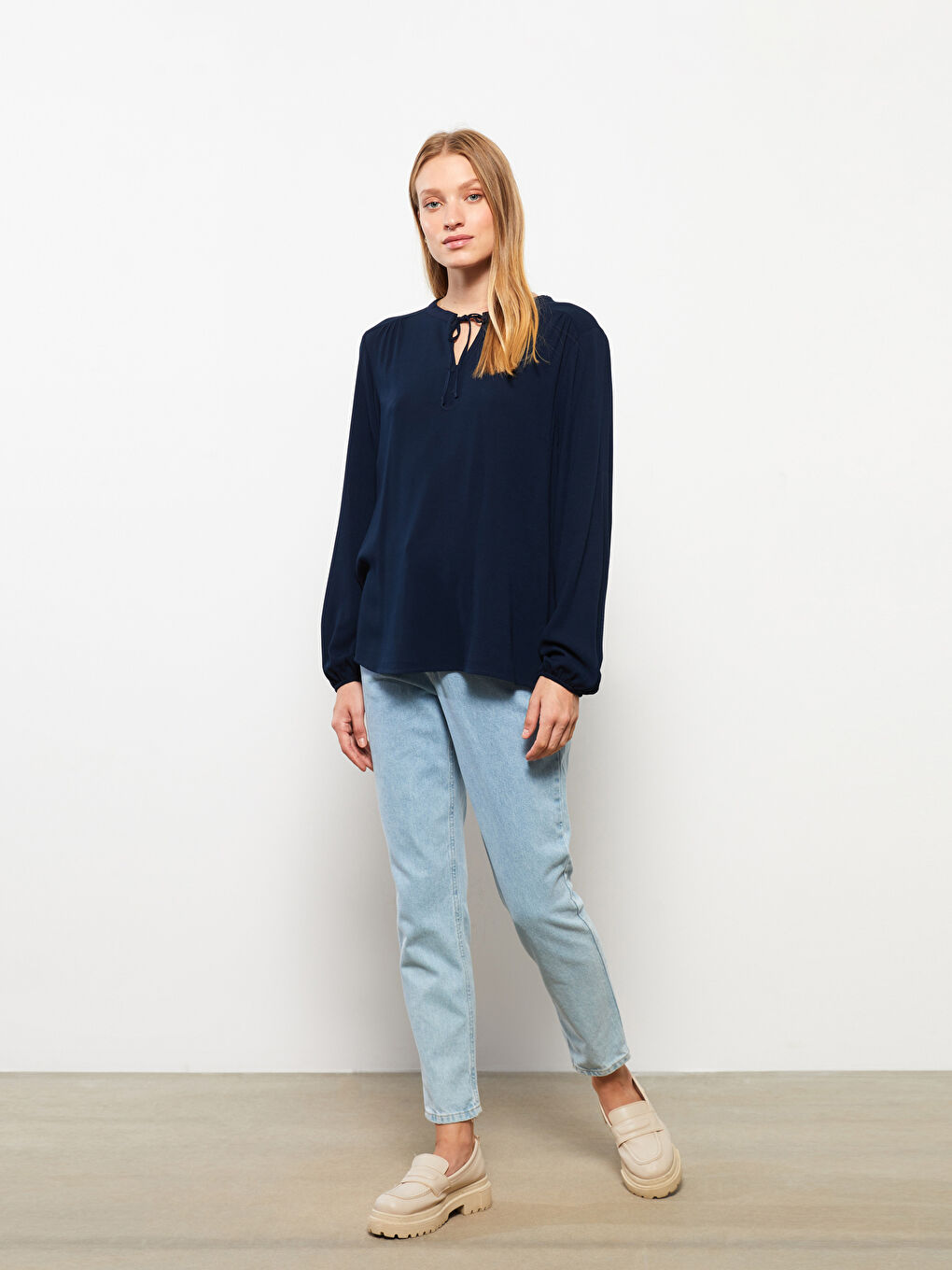 Tie Neck Regular Long Sleeve Viscose Women's Blouse-2