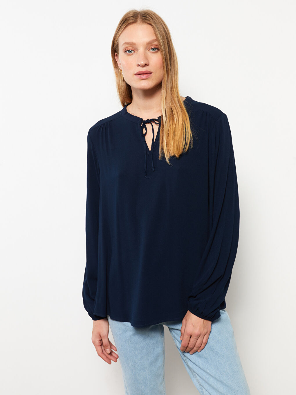 Tie Neck Regular Long Sleeve Viscose Women's Blouse-3