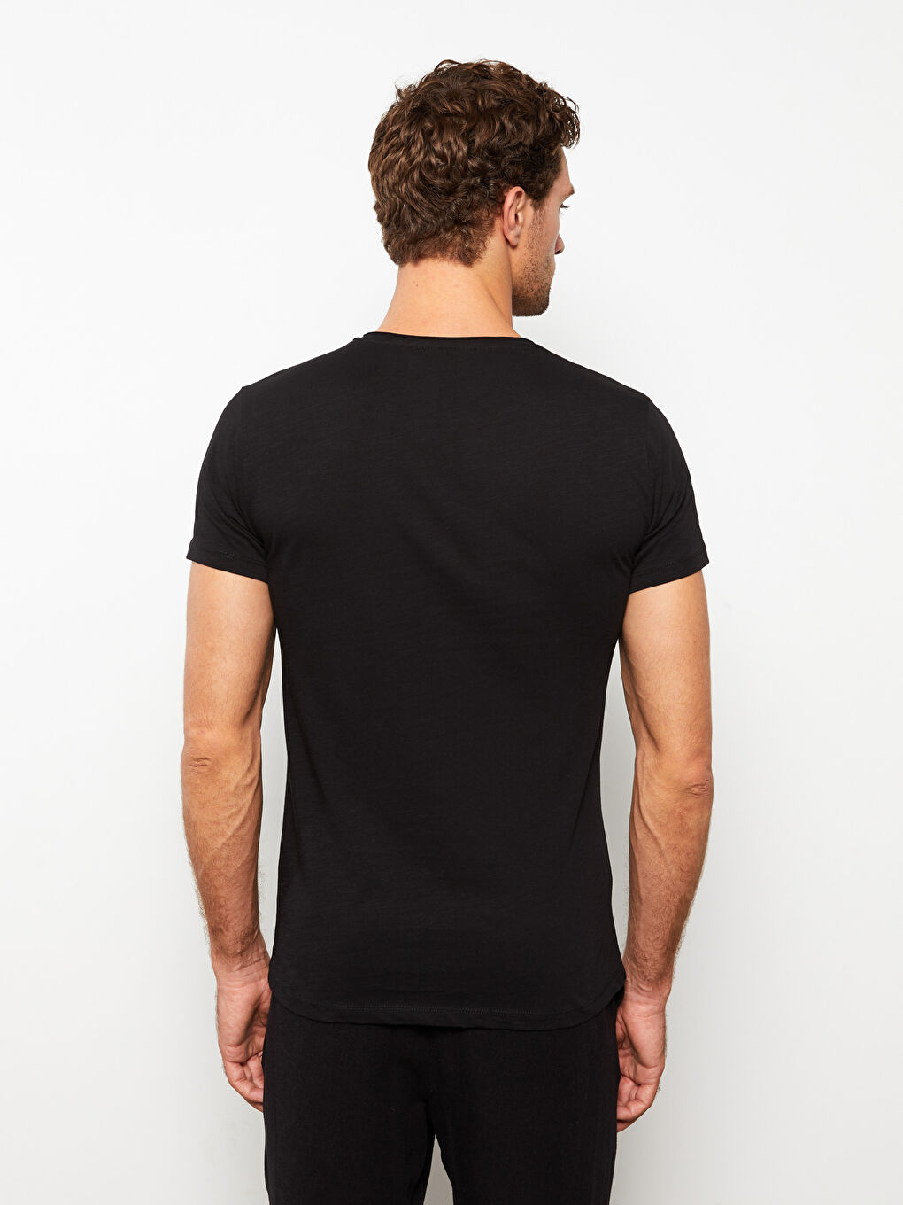 Siyah V Yaka Kısa Kollu Penye Erkek Tişört-4