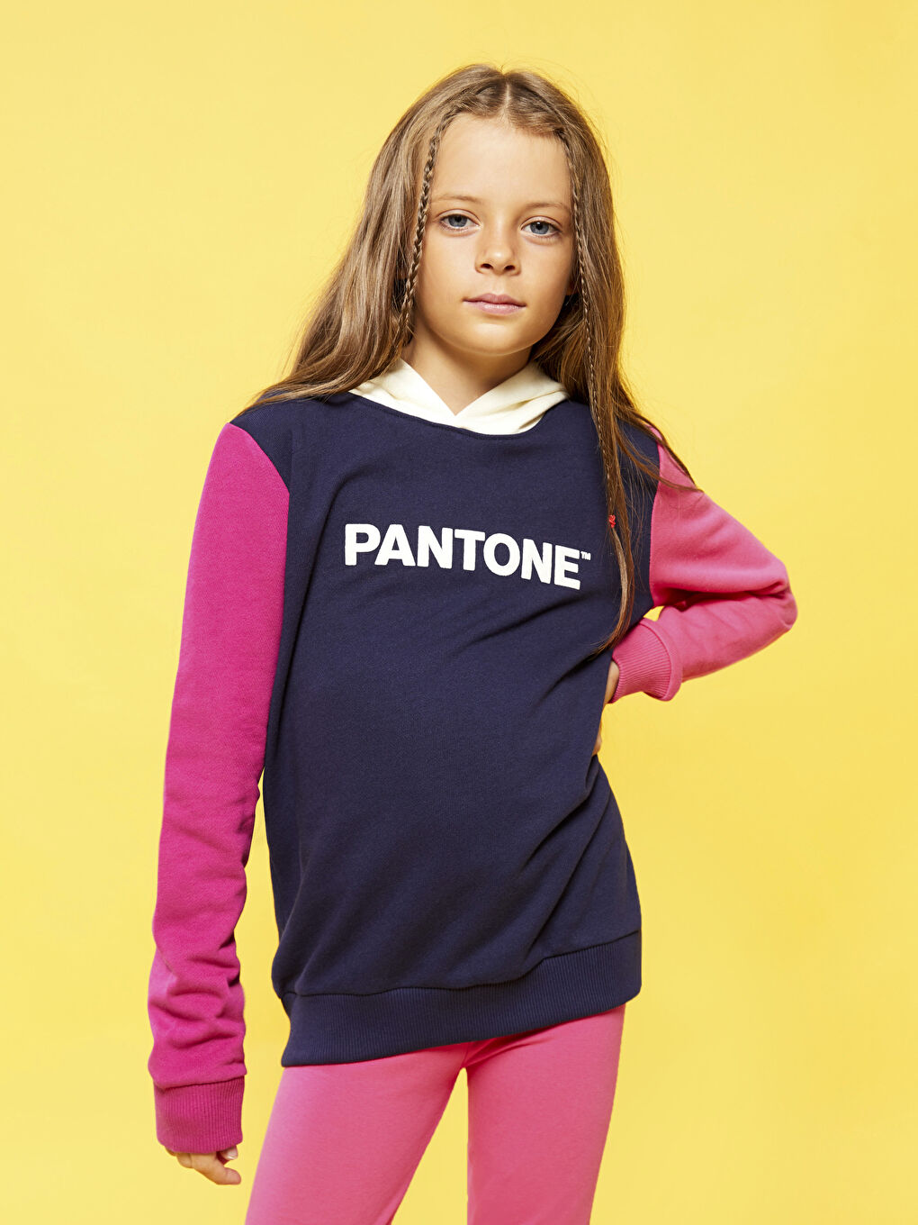 Pantone Pembe Melanj Kapüşonlu Baskılı Uzun Kollu Unisex Çocuk Sweatshirt - 2