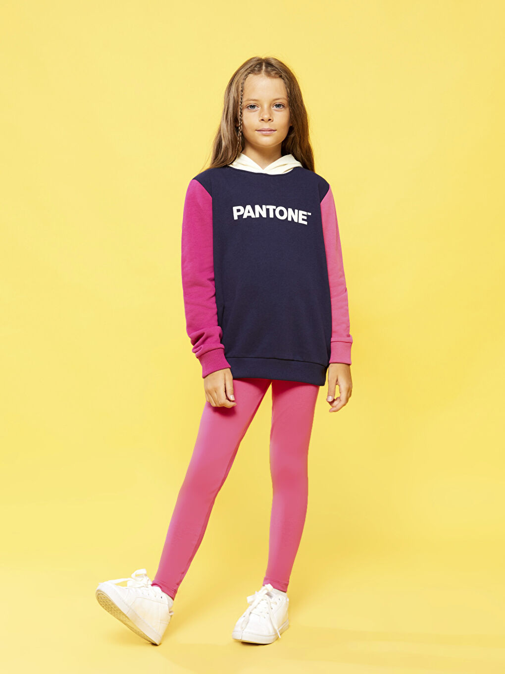 Pantone Pembe Melanj Kapüşonlu Baskılı Uzun Kollu Unisex Çocuk Sweatshirt - 3