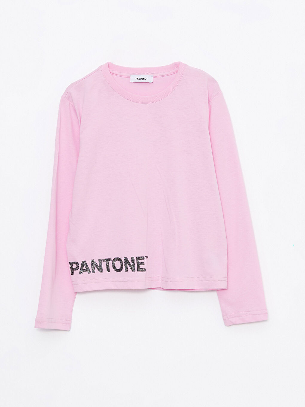 Pantone Açık Pembe Baskılı Bisiklet Yaka Baskılı Uzun Kollu Kız Çocuk Crop Tişört - 1