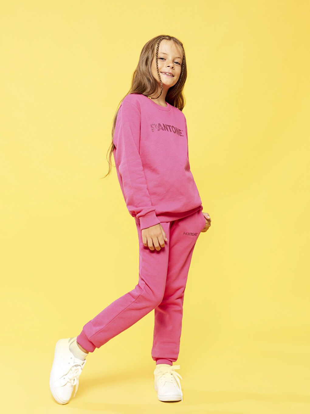 Pantone Şeker Pembe Baskılı Beli Lastikli Baskılı Unisex Çocuk Jogger Eşofman Altı - 2