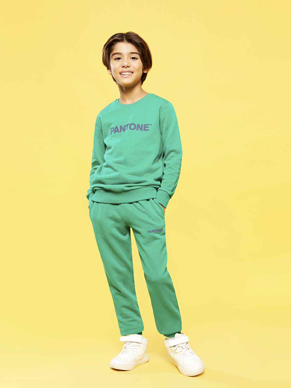 Yeşil Bisiklet Yaka Baskılı Uzun Kollu Unisex Çocuk Sweatshirt