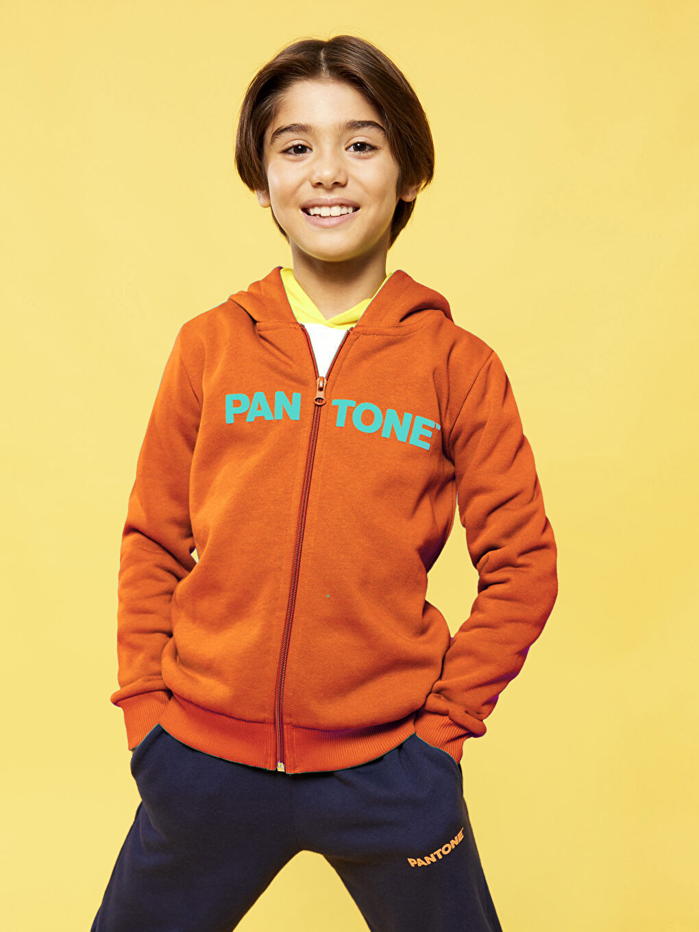 Turuncu Kapüşonlu Baskılı Uzun Kollu Unisex Çocuk Fermuarlı Sweatshirt-1