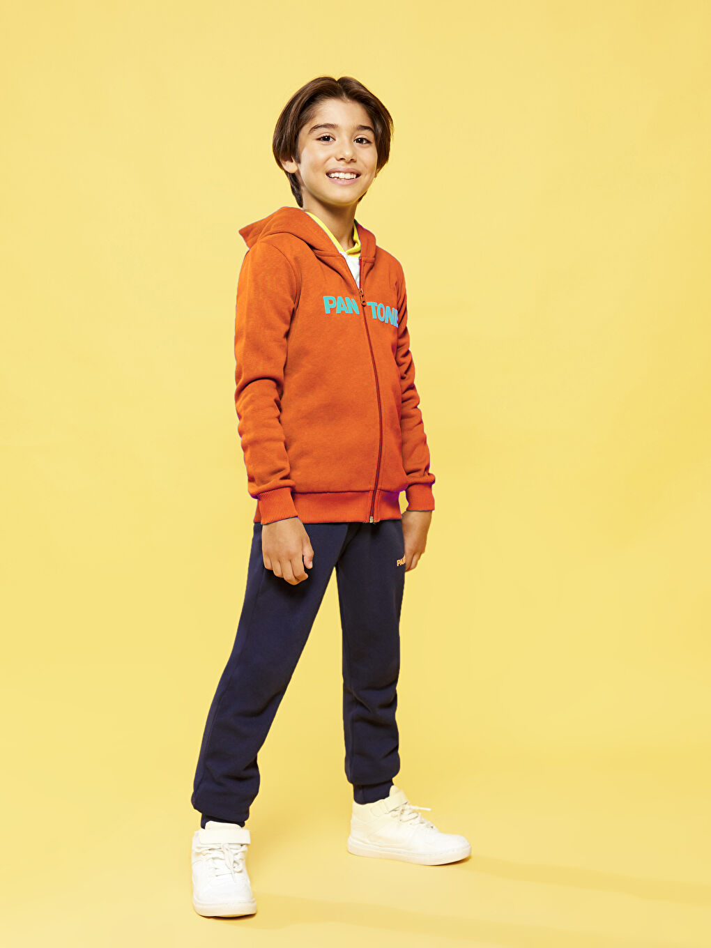 Turuncu Kapüşonlu Baskılı Uzun Kollu Unisex Çocuk Fermuarlı Sweatshirt