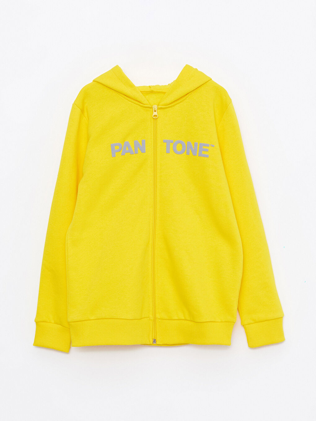 Pantone Sarı Kapüşonlu Baskılı Uzun Kollu Unisex Çocuk Fermuarlı Sweatshirt - 1