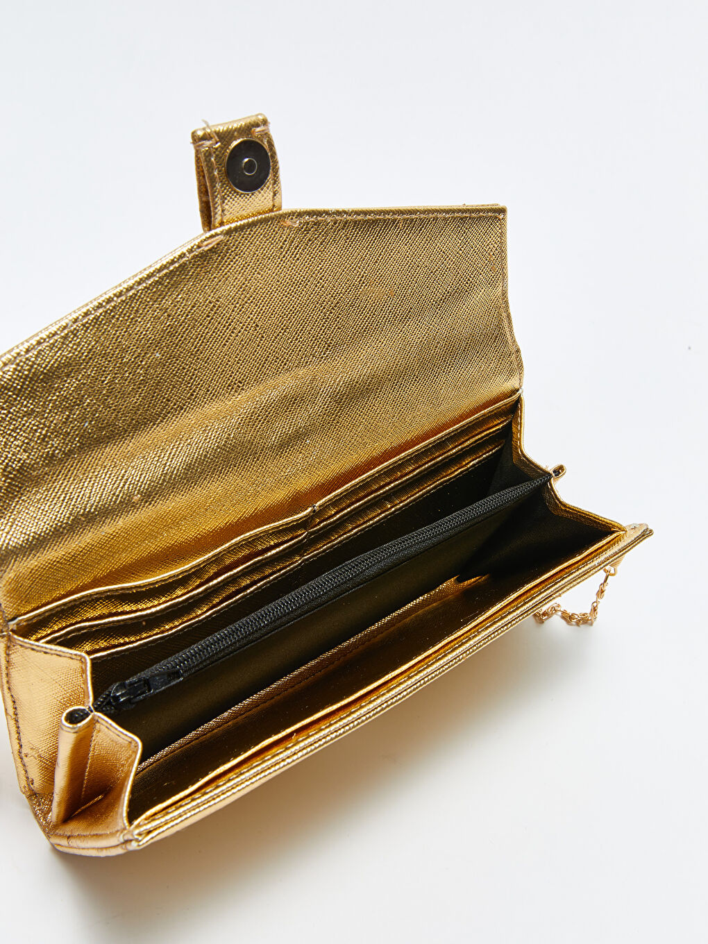 Sarı Metalik Görünümlü Zincir Detaylı Kadın Cüzdan-3
