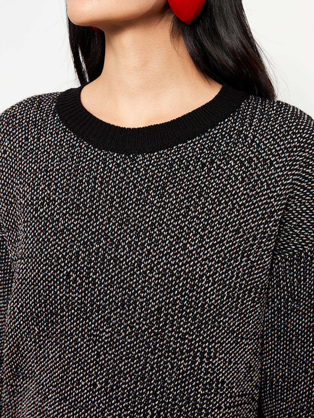 Siyah Bisiklet Yaka Desenli Uzun Kollu Kadın Triko Kazak-3