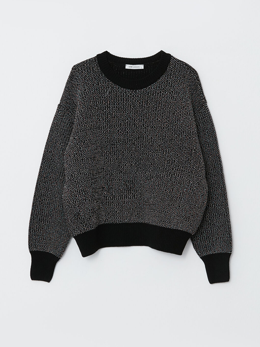 Siyah Bisiklet Yaka Desenli Uzun Kollu Kadın Triko Kazak-5