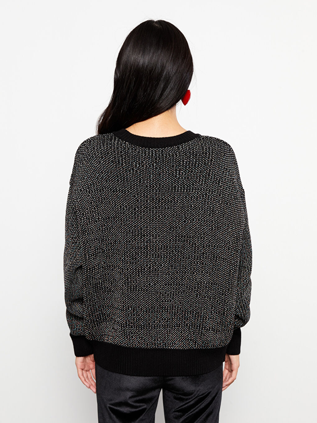 Siyah Bisiklet Yaka Desenli Uzun Kollu Kadın Triko Kazak-4