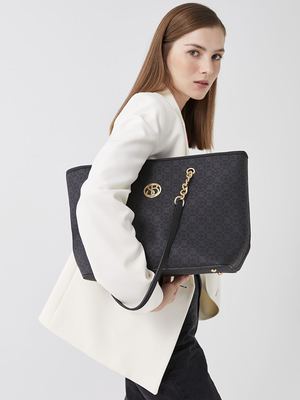 Siyah Monogram Desenli Kadın Tote Çanta