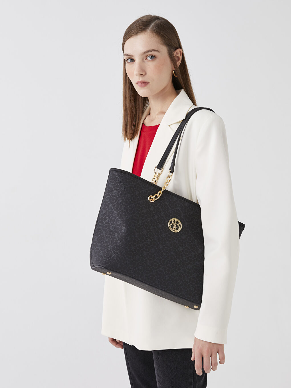 Siyah Monogram Desenli Kadın Tote Çanta-2