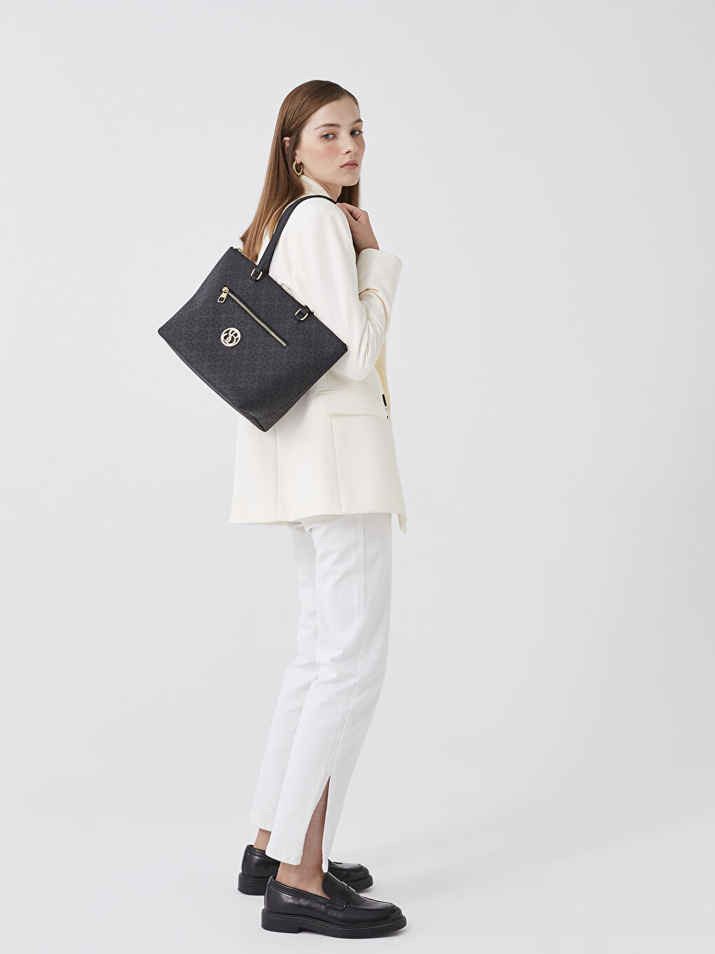 Siyah Monogram Desenli Kadın Tote Çanta-1