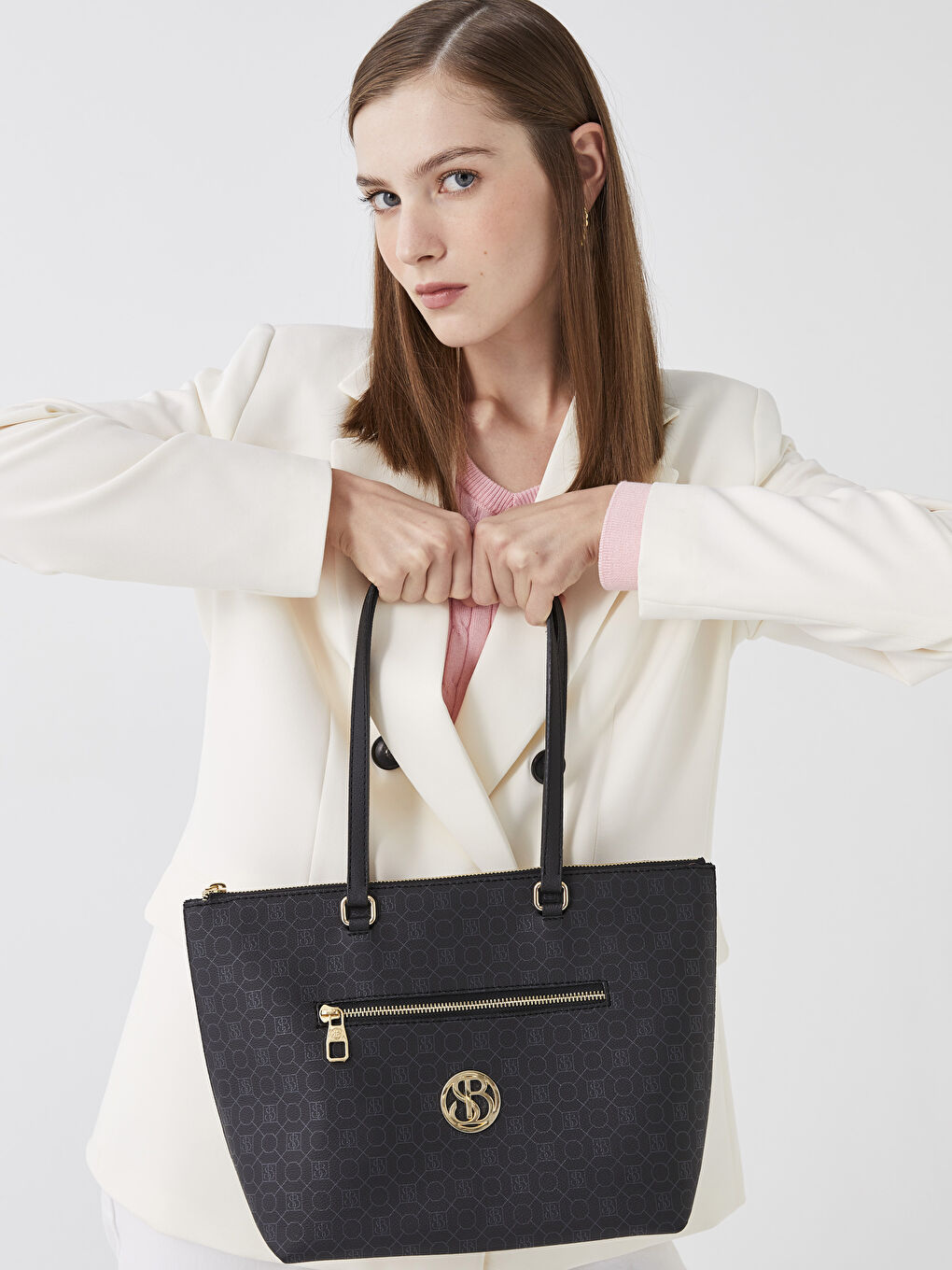 Siyah Monogram Desenli Kadın Tote Çanta-2