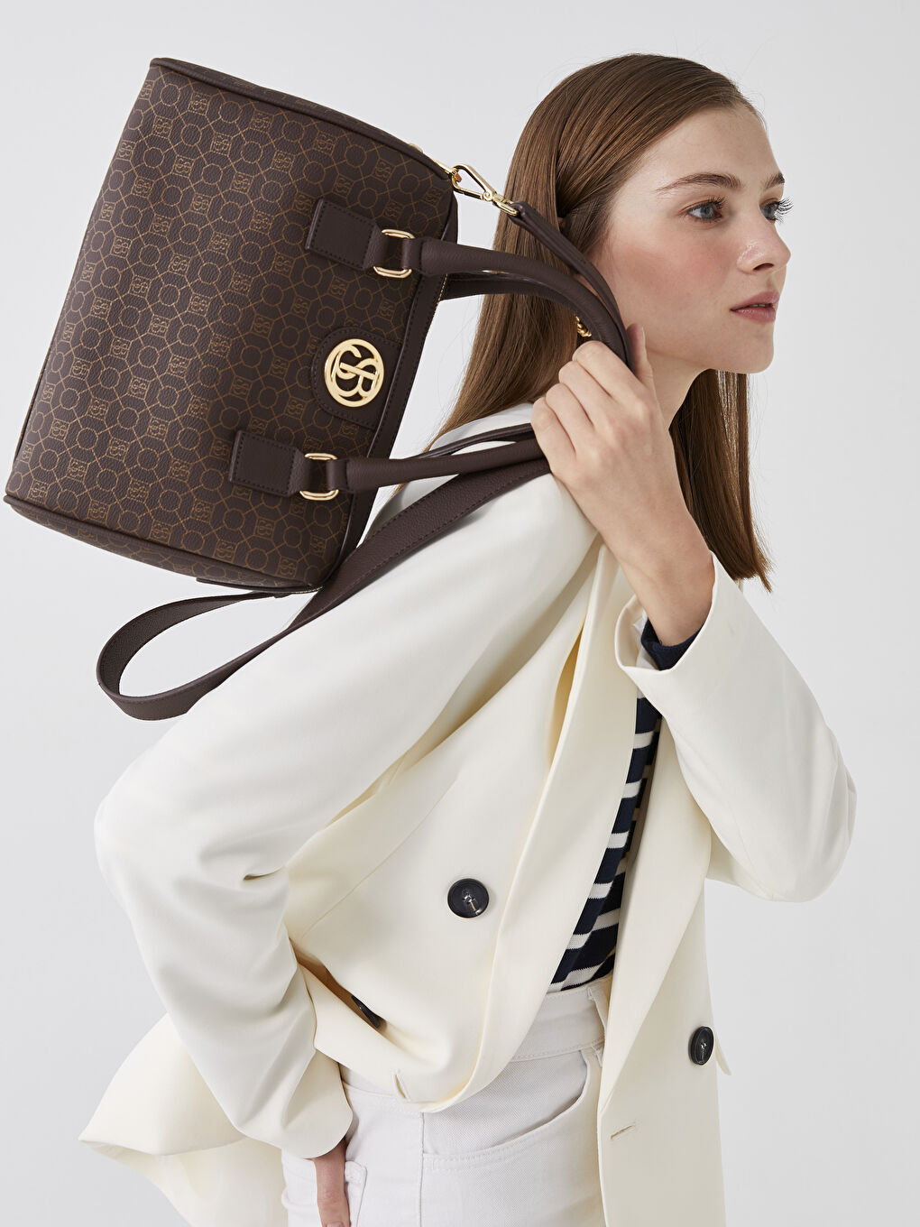 Kahverengi Monogram Desenli Kadın El Çantası