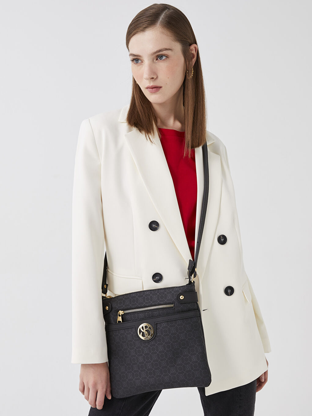 Siyah Monogram Desenli Kadın Çapraz Çanta