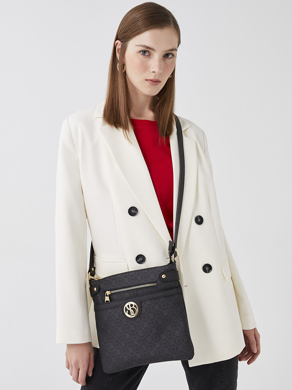 Siyah Monogram Desenli Kadın Çapraz Çanta-2