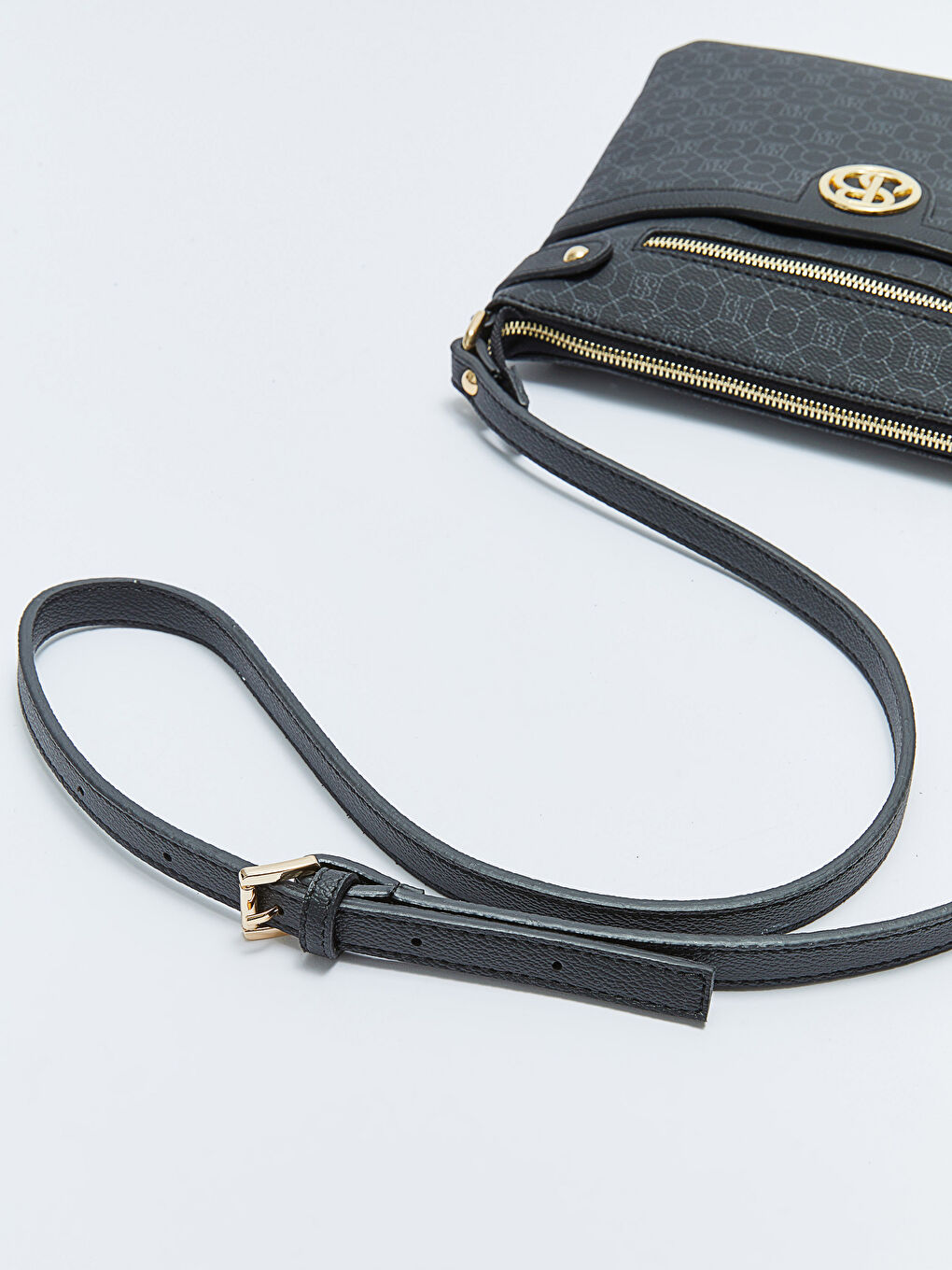Siyah Monogram Desenli Kadın Çapraz Çanta-5