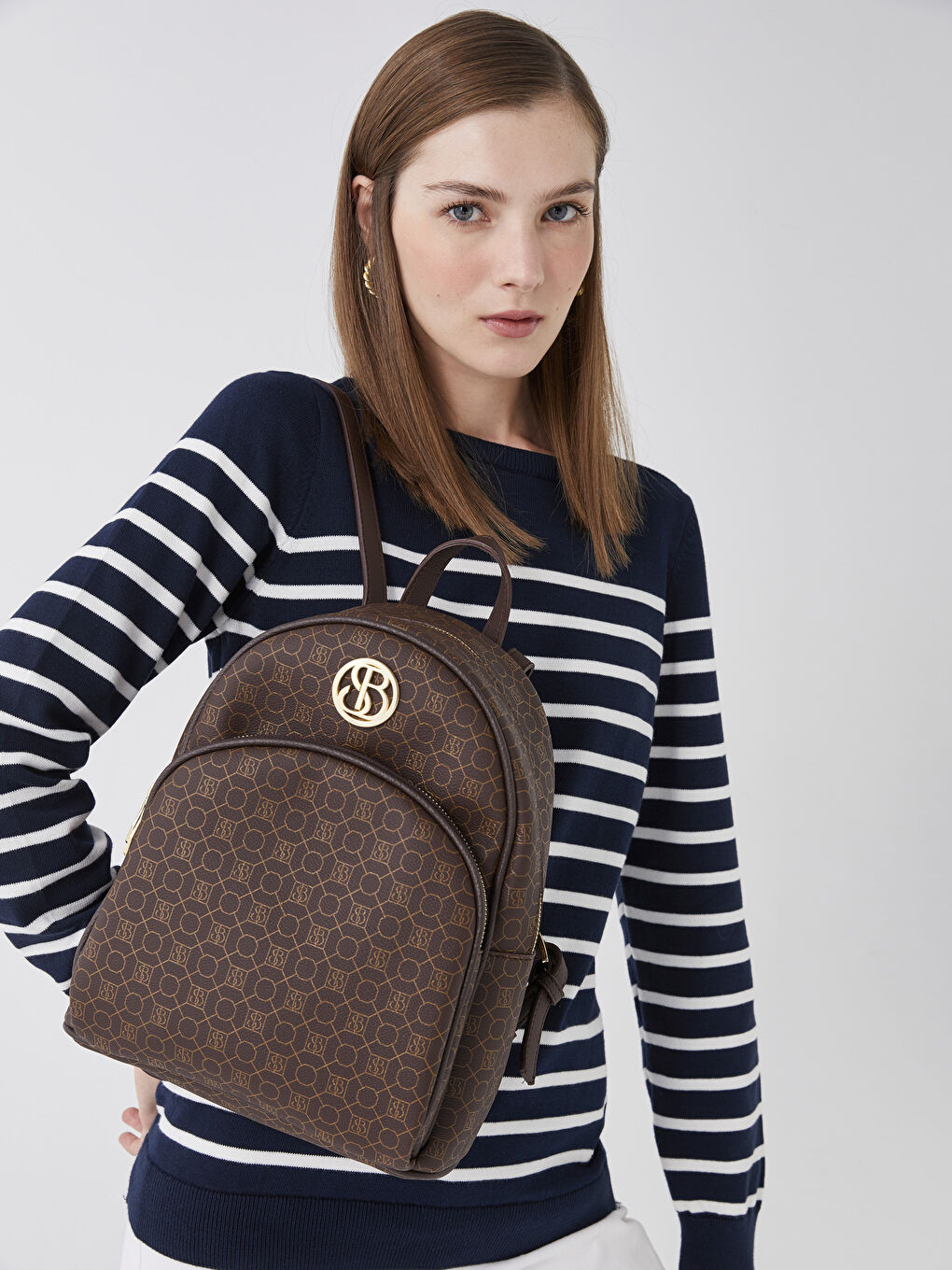 Kahverengi Monogram Desenli Kadın Sırt Çantası