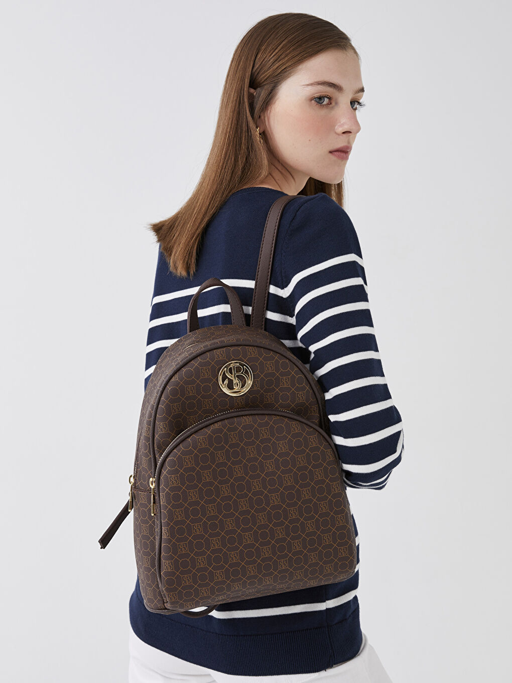 Kahverengi Monogram Desenli Kadın Sırt Çantası-1