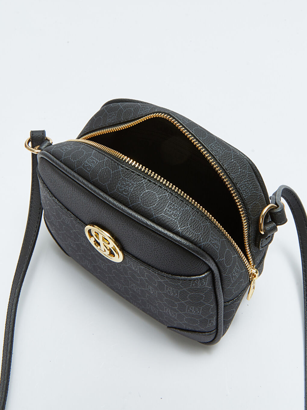 Siyah Monogram Desenli Kadın Çapraz Çanta-6