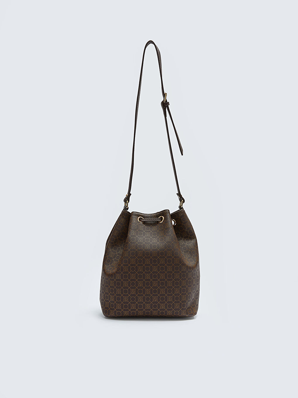 Kahverengi Monogram Desenli Kadın Büzgülü Çanta-5