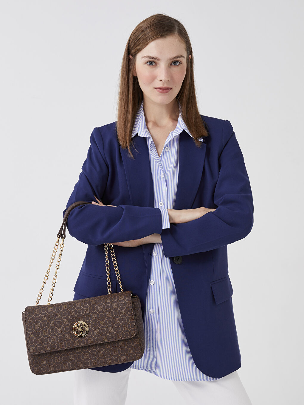 Kahverengi Monogram Desenli Kadın Çapraz Çanta-1