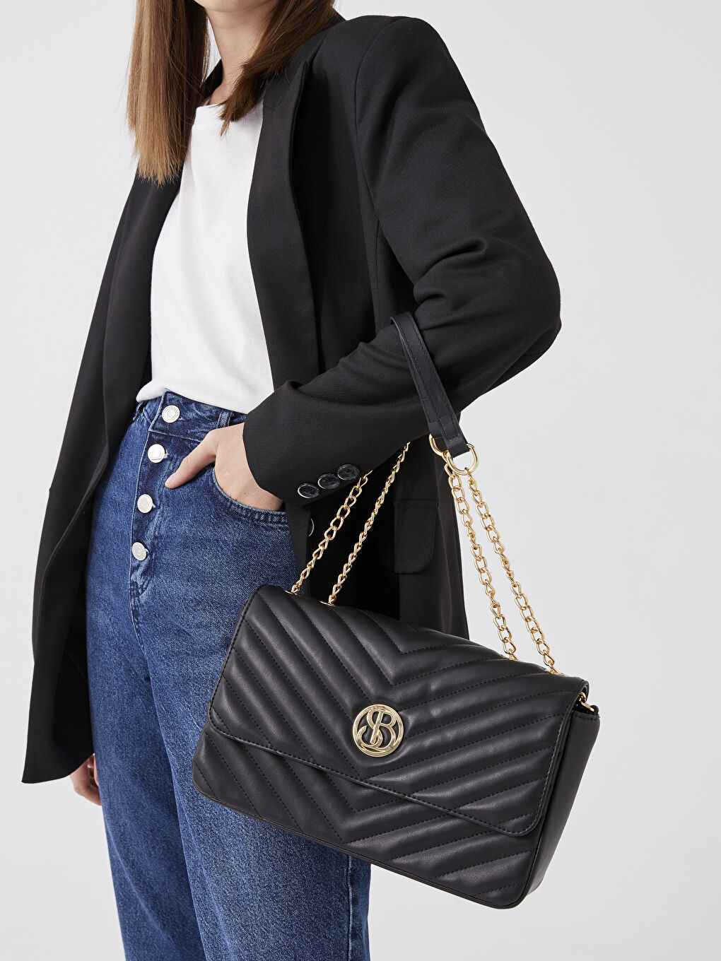 Siyah Kapitone Desenli Kadın Omuz Çantası