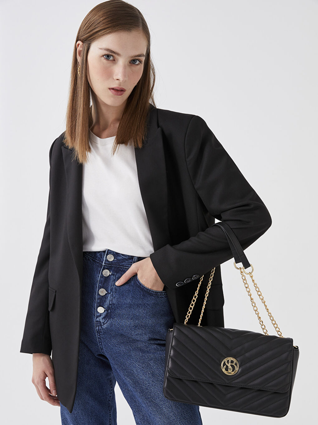 Siyah Kapitone Desenli Kadın Omuz Çantası-1