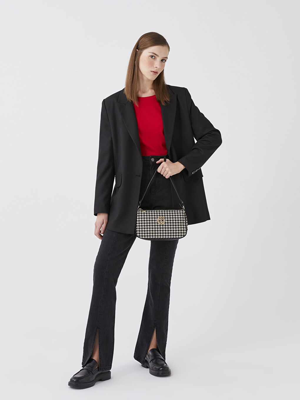 Siyah Kazayağı Desenli Kadın Omuz Çantası-1