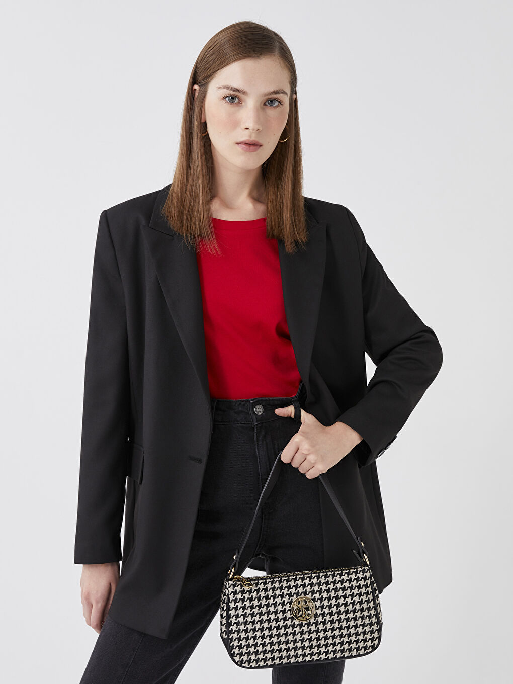 Siyah Kazayağı Desenli Kadın Omuz Çantası-2