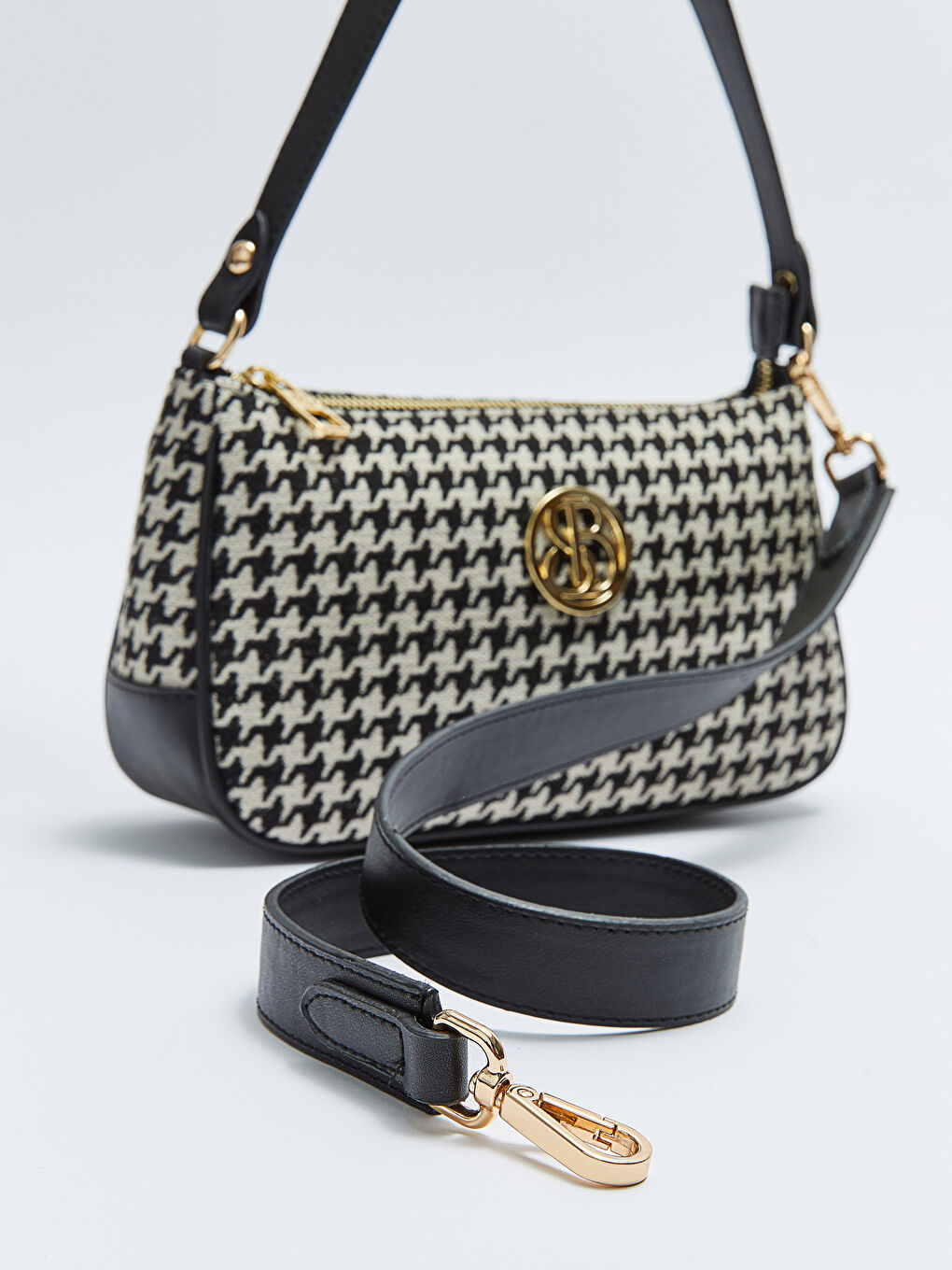 Siyah Kazayağı Desenli Kadın Omuz Çantası-4