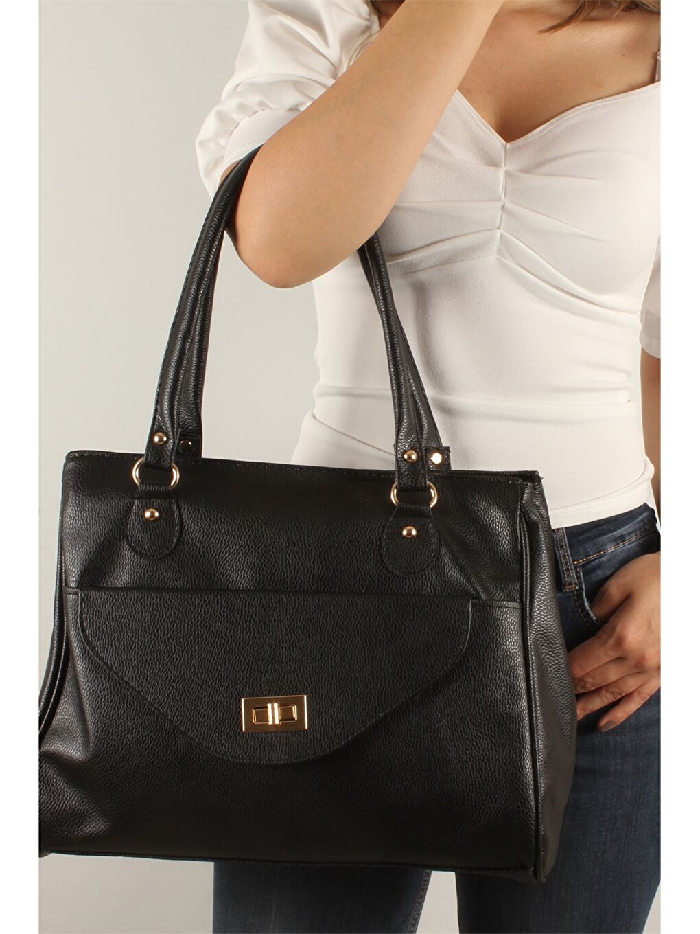Siyah Deri Görünümlü Kadın Tote Çanta