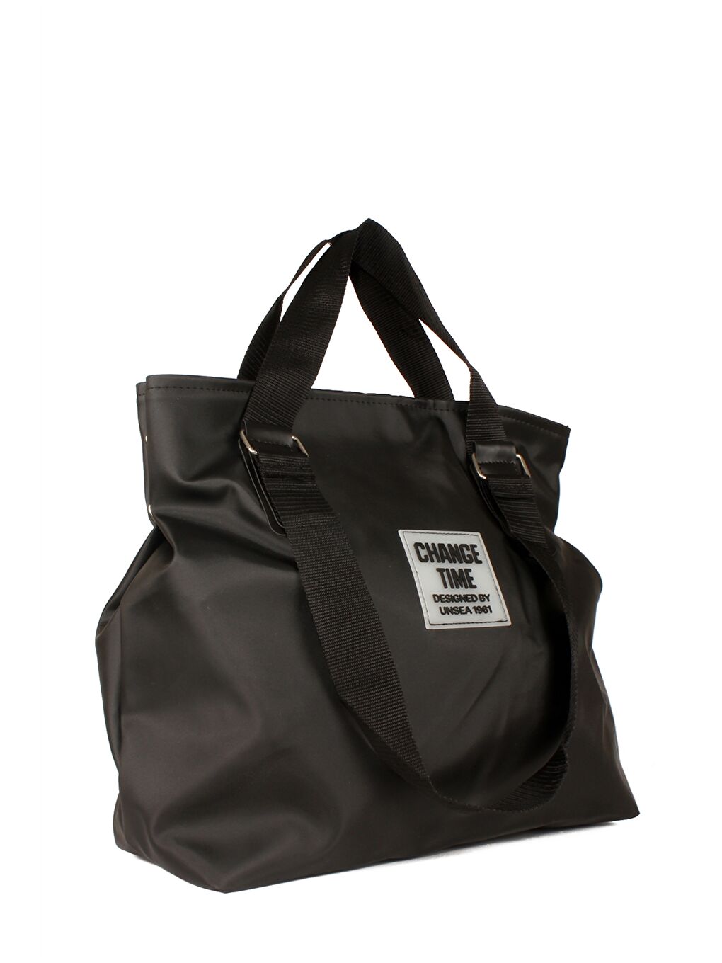 Siyah Paraşüt Kumaş Etiket Baskılı Kadın Tote Çanta
