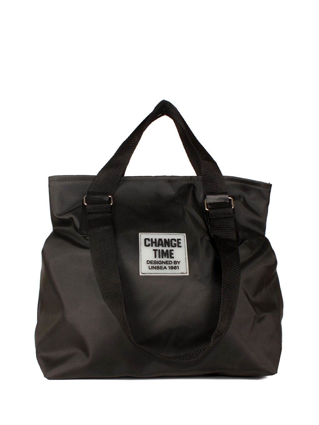 Siyah Paraşüt Kumaş Etiket Baskılı Kadın Tote Çanta-1