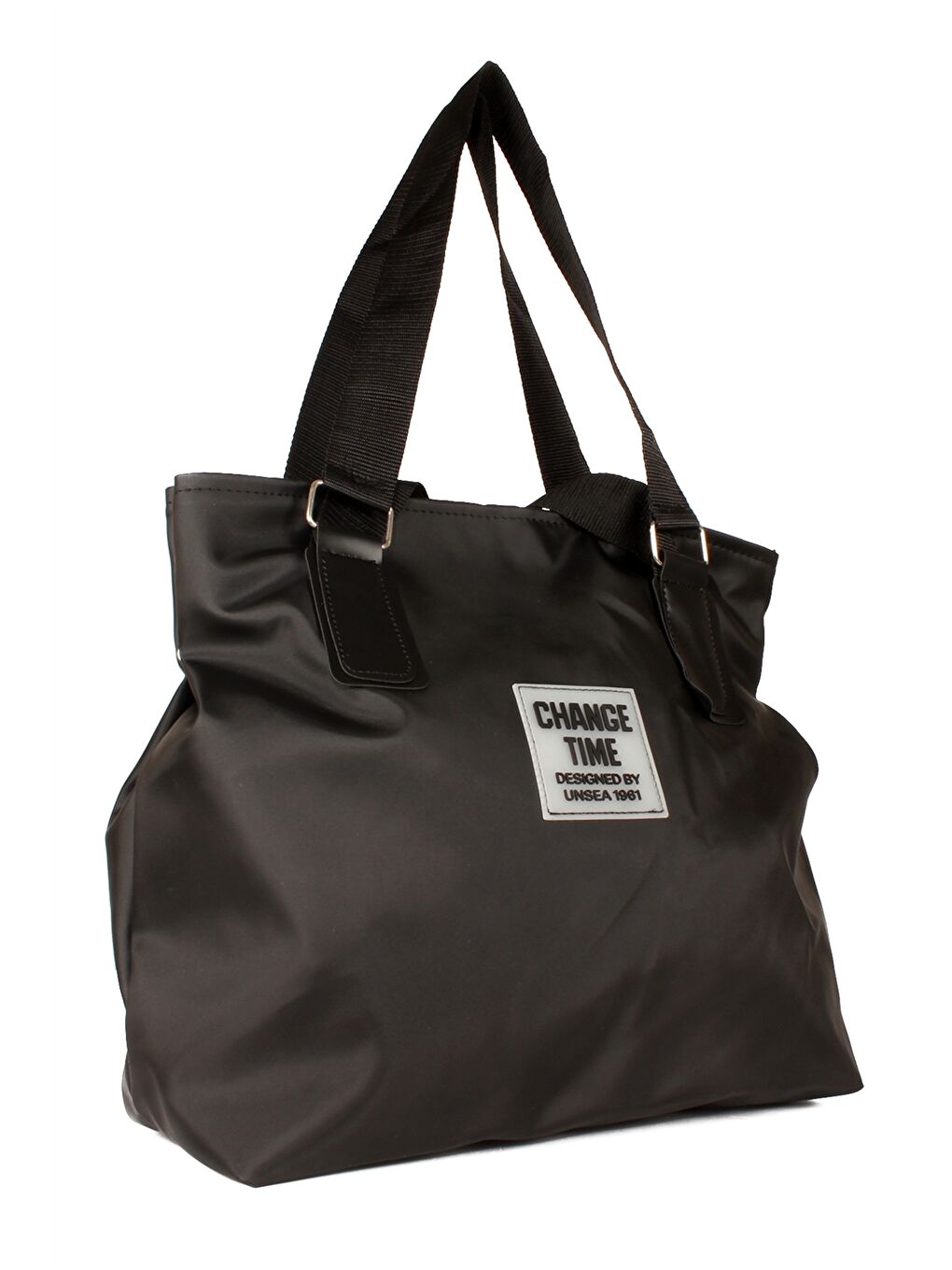 Siyah Paraşüt Kumaş Etiket Baskılı Kadın Tote Çanta-2