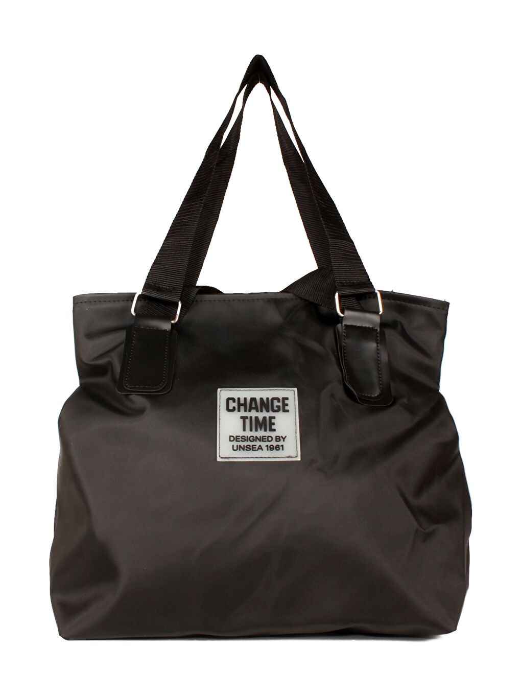 Siyah Paraşüt Kumaş Etiket Baskılı Kadın Tote Çanta-4