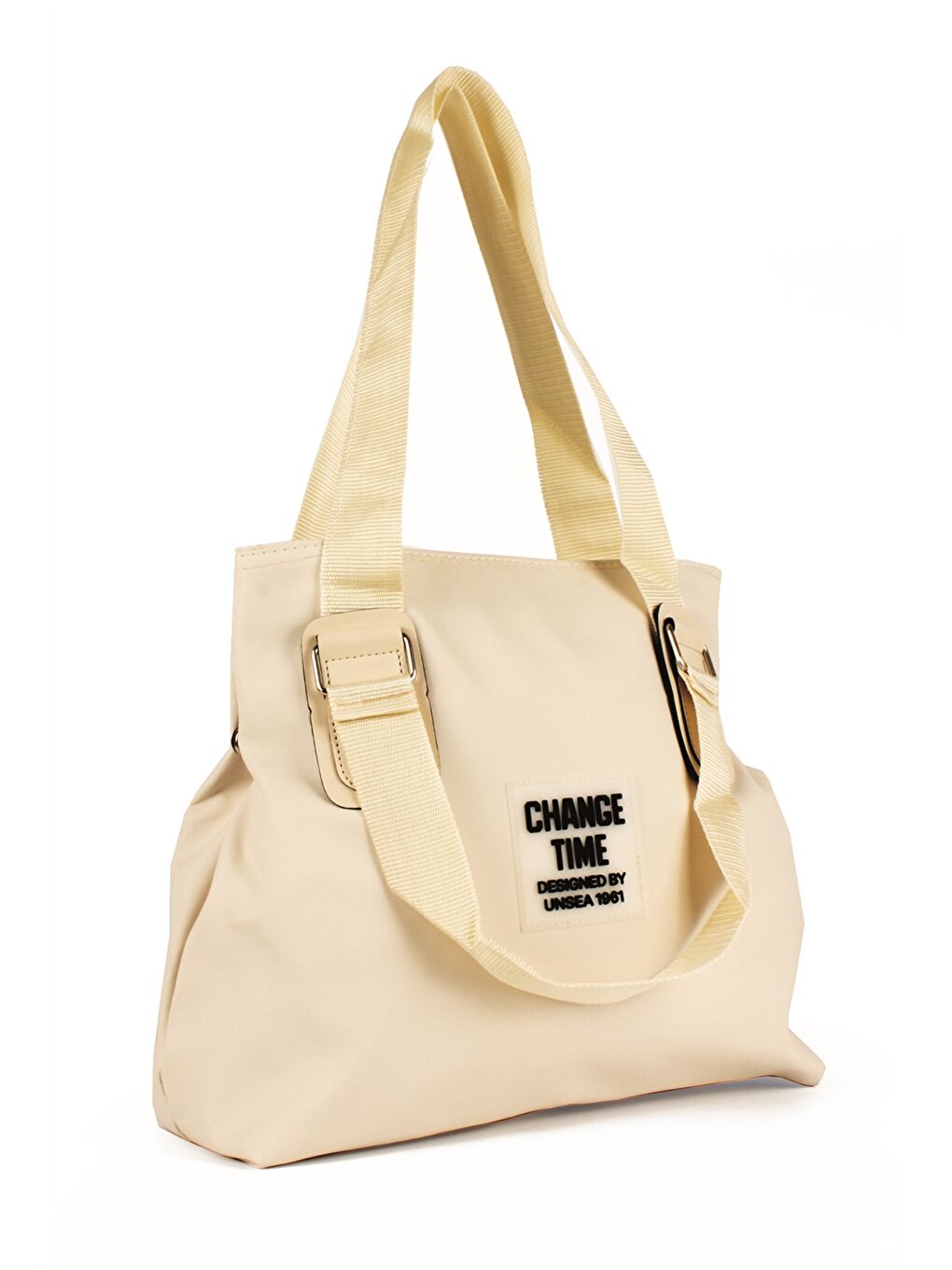 Bej Paraşüt Kumaş Etiket Baskılı Kadın Tote Çanta