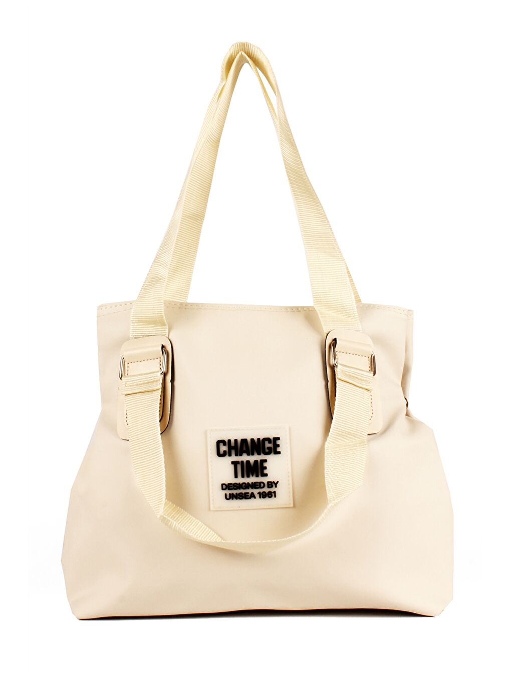 Bej Paraşüt Kumaş Etiket Baskılı Kadın Tote Çanta-1